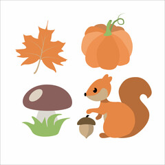 Autumn set. Maple Leaf. Pumpkin. Mushroom. Squirrel with an acorn. Vector illustration isolated on white background.