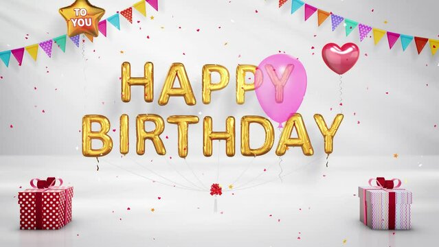 Happy Birthday Loop with White background and balloons, 4K resolution.