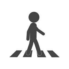 Vector isolated illustration of black and white stick figure walking on a pedestrian crossing, a design of zebra cross walk street sign