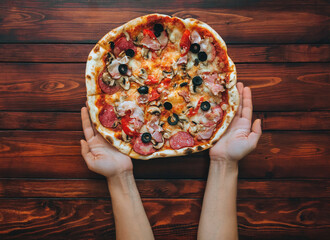 Female hands of a baker hold a freshly baked pizza with sausage, bacon, mushrooms, tomatoes and...