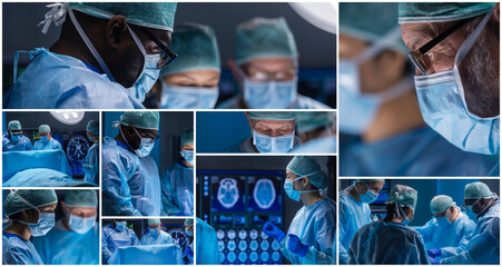 Multiracial team of professional medical surgeons performs the surgical operation in hospital....