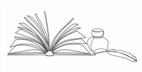 Continuous line drawing of quill pen ink and book. One line art concept of vintage brush pen signature and lettering. Vector illustration