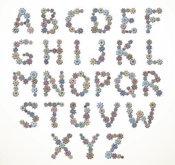 Vector alphabet of cheerful caricature hand-drawn characters consisting of spinning gears