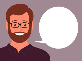 Portrait of a cheerful young man. Face with beard. Makes a speech. Talking bubble. Business consultant. Flat vector isolated illustration