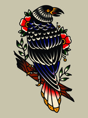 Tattoo design graphic raven crow old school.