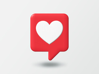 3d social media notification heart icon in speech bubble pin isolated on white background with shadow 3D rendering