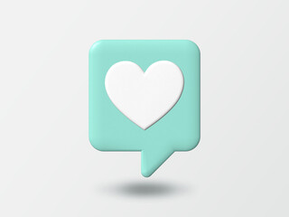 3d social media notification heart icon in speech bubble pin isolated on white background with shadow 3D rendering