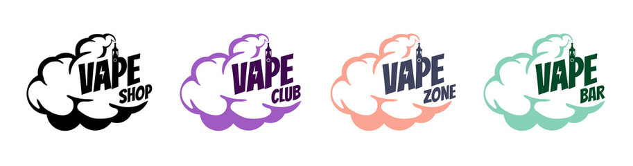Vape shop vintage comic style logo set. Hipster cartoon vaporizer smoke cloud with lettering. Electronic cigarette store logotype. E-cigarette vaping seller badge vector eps design template