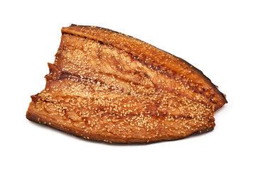 Smoked and peppered mackerel fillet, isolated on white background.