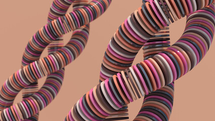 Fototapeta na wymiar Spirals with colorful circle shapes. Beige background. Abstract illustration, 3d render.