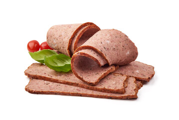 Sliced Baked meatloaf, minced meat roll, isolated on white background.