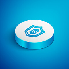 Isometric line Shield with dollar symbol icon isolated on blue background. Security shield protection. Money security concept. White circle button. Vector