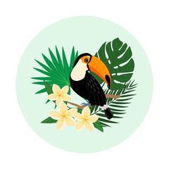 Obraz na płótnie Canvas Toucan on a branch against the background of tropical leaves flat vector illustration