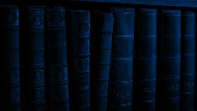 Passing Row Of Old Books In The Dark