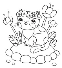 Children's illustration for coloring book: little cute kitten sitting on lawn among flowers
