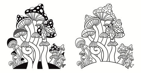 Black and white graphics: poisonous fly agaric mushrooms in two kinds. Coloring, tattoo and illustration.
