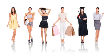 Fototapeta premium Strutting in her summer best. Full-length studio portrait of a beautiful young woman posing in different outfits.
