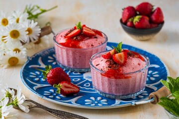Dessert, airy strawberry mousse in glass bowls, decorated with fresh strawberries, syrup and chocolate chips on a blue tray on a light concrete background.