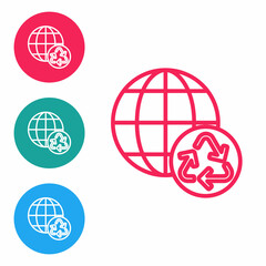 Red line Planet earth and a recycling icon isolated on white background. Environmental concept. Set icons in circle buttons. Vector