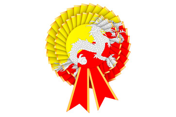 Bhutanese flag painted on the award ribbon rosette. 3D rendering
