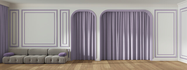 Panoramic view of classic living room with molded wall, arched doors with curtain and parquet floor. White and purple pastel tones, modern velvet sofa. Banner, interior design