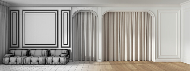 Architect interior designer concept: hand-drawn draft unfinished project that becomes real, panoramic view of classic living room with molded wall, and velvet sofa. Banner