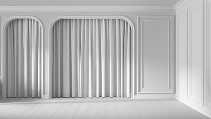 Total white project draft, empty room interior design, classic open space with parquet wooden floor and molded walls, arched doors with curtains, neoclassic architecture concept