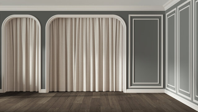 Empty room interior design in white and dark tones, classic open space with parquet wooden floor and molded walls, arched doors with curtains, neoclassic architecture concept