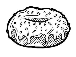 Round pastry with a hole, cream and sweet sprinkles. Hand drawing outline. Isolated on white background. Loaf and bread sweet rolls. Monochrome drawing. Vector