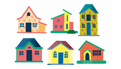 Set of cute bright colored houses with different textures