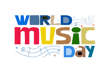 World Music Day international Event, Phrase vector art, words for banner header sticker Gif colourful typography. Meditate good health peace and mindfulness. International, typography graphic design.