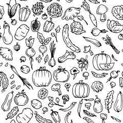 Fototapeta na wymiar Delicious vegetables. Garden fruits. Edible food plants. Seamless pattern. Hand drawn outline. Monochrome drawing. Isolated on white background. Vector
