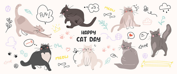 Cute cats and funny kitten doodle vector set. Happy international cat day characters design collection with flat color in different poses. Set of adorable pet animals isolated on white background. - obrazy, fototapety, plakaty