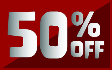 50 percent off. Red banner with white and gray typography for promotions and offers.