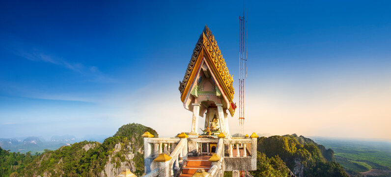 Panorama view of the top of Tiger Cave temple, or Wat Tham Suea, Krabi province, Thailand.