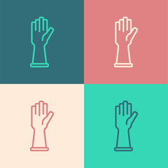 Fototapeta premium Pop art line Rubber gloves icon isolated on color background. Latex hand protection sign. Housework cleaning equipment symbol. Vector