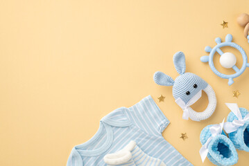 Baby boy concept. Top view photo of blue infant clothes bodysuit socks shoes knitted bunny rattle...