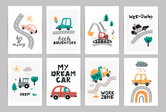 Set of posters with cute nursery cars.