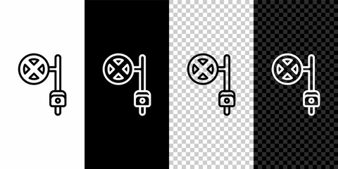 Set line Stop sign with camera icon isolated on black and white, transparent background. Traffic regulatory warning stop symbol. Vector