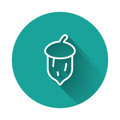 Obraz premium White line Acorn, oak nut, seed icon isolated with long shadow background. Green circle button. Vector
