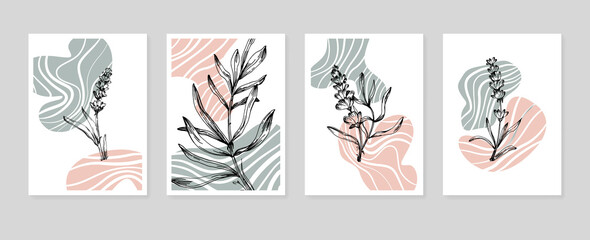 Fototapeta na wymiar Set of Abstract Lavender Hand Painted Illustrations for Wall Decoration, minimalist flower in sketch style. Postcard, Social Media Banner, Brochure Cover Design Background. Modern Abstract Painting