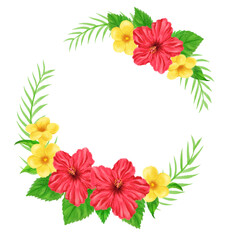 Circular frame of hibiscus and allamanda cathartic drawn in digital watercolor