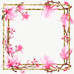 Watercolor illustration of a wreath of gold and sakura,lotus. For invitation design.