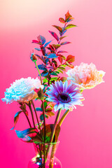 Beautiful bouquet of flowers, abstract floral composition in glass vase over pink, magenta background in neon light. Concept of floristry, decorations, creativity, decor