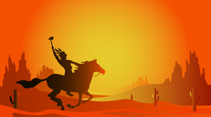 Fototapeta na wymiar Silhouette of Native American Indian riding horseback with a spear axe, vector illustration