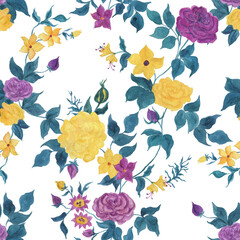 Fresh summer seamless pattern with watercolor painting rose flowers. Yellow and violet colors - 511530736
