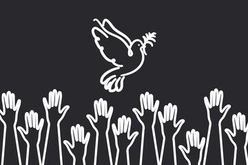 Horizontal poster Peace to Ukraine with a white outline of the dove of peace on a black background. Hands of the Ukrainian people in the struggle for peace. 