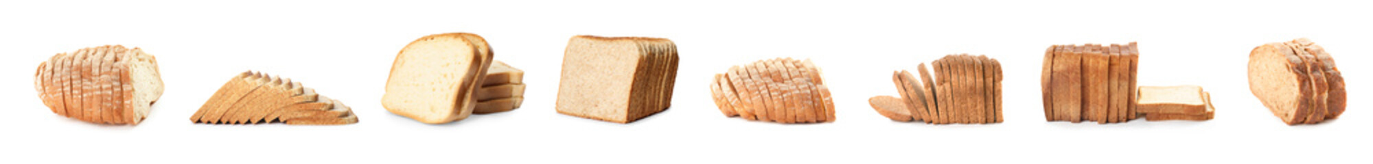 Collage of sliced bread on white background. Banner design