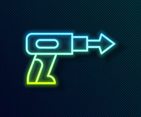 Glowing neon line Fishing harpoon icon isolated on black background. Fishery manufacturers for catching fish under water. Diving underwater equipment. Vector