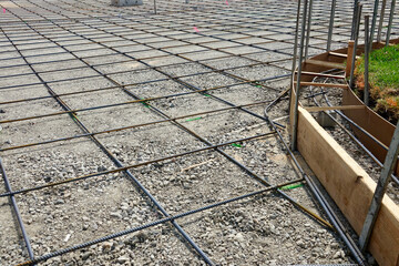 hard scape preparation with concrete forms and rebar - obrazy, fototapety, plakaty